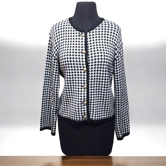 Liz Claiborne Houndstooth Cardigan Gold Buttons Black Piping Size LP Corpcore - Picture 1 of 8